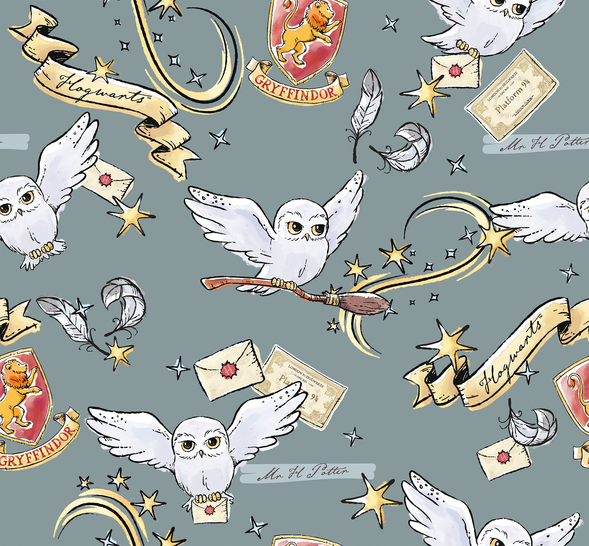 Tissu jersey Harry Potter Hedwigge digital fond gris acier